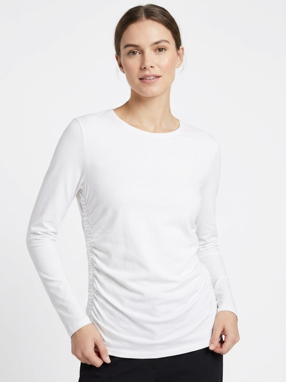 Theory White Pima Cotton Spandex Ruched Long Sleeve Tee Size Large